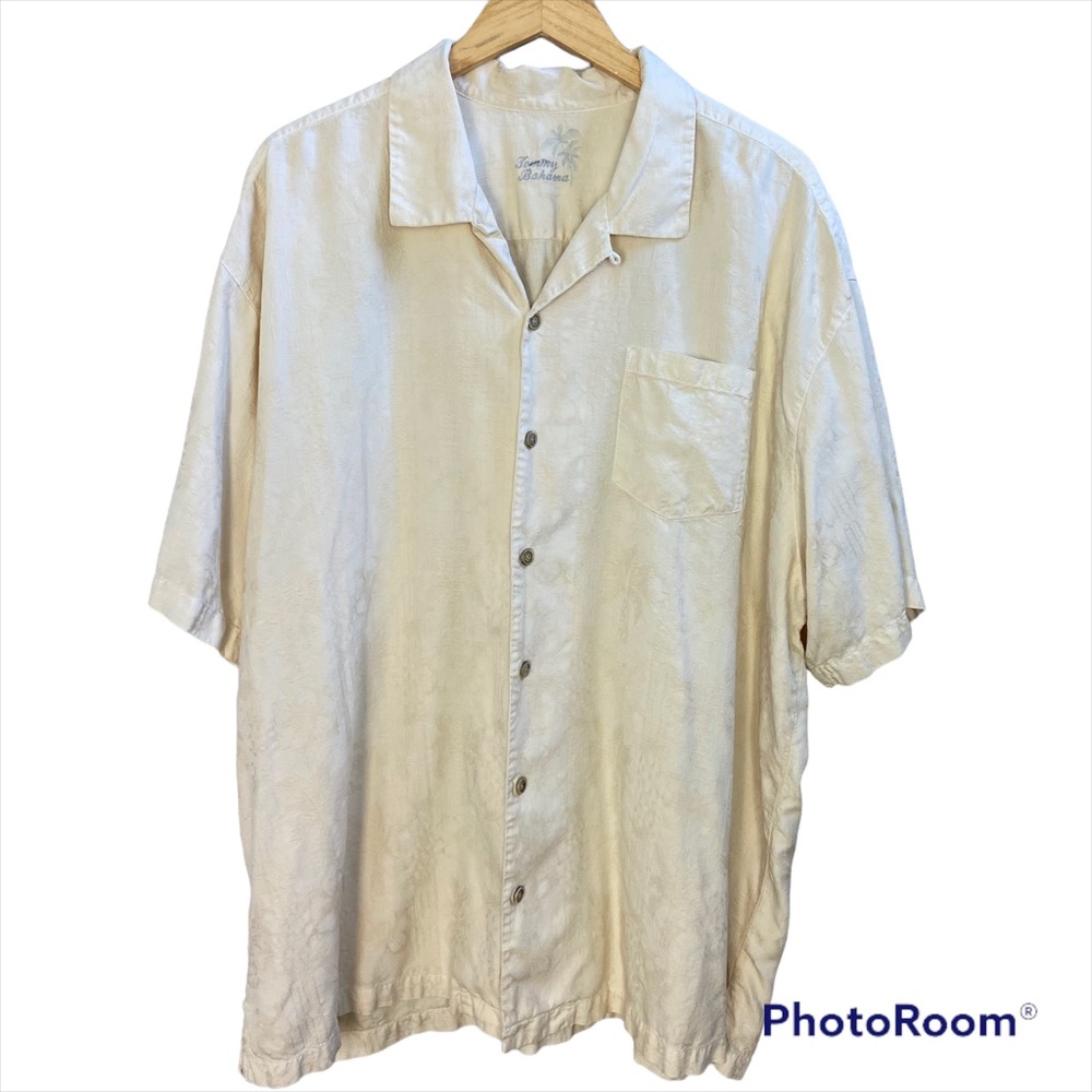 Tommy Bahama Cream Silk Button Front Shirt Palm Tree Floral XXL